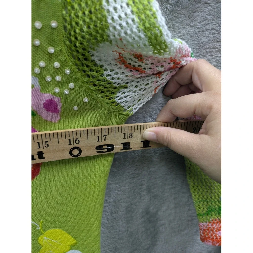Floral Sweater Womens Medium Knit‎ Mesh Sleeve Beaded Grannycore Cottagecore